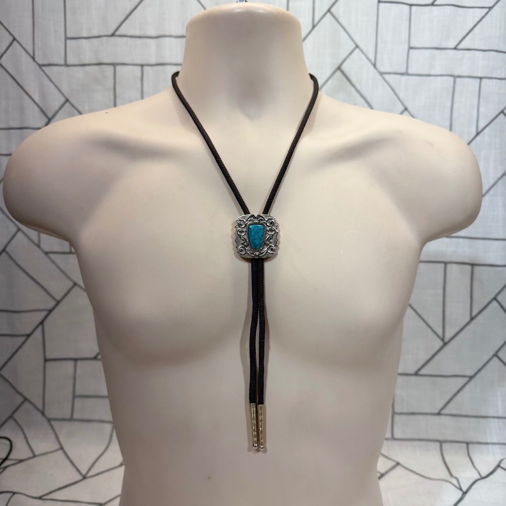 Unbranded Bolo Tie OS Black Silver Turquoise Western Southwestern Filigree